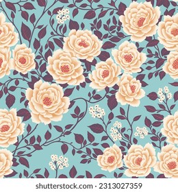 Floral Seamless Pattern White Flowers and Purple Leaves on Light Blue Backdrop in Chinoiserie Style. Hand Drawn Art. Wallpaper Design for Textiles, Papers, Prints, Fashion Backgrounds, Beauty Products
