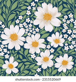 Floral Seamless Pattern of White Flowers and Green Leaves on Teal Backdrop, Wallpaper Design for Textiles, Papers, Prints, Fashion Backgrounds, Beauty Products