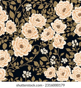 Floral Seamless Pattern of White Flowers and Khaki Green Leaves on Black Background in a Chinoiserie Style. Hand Drawn Art. Wallpaper Design for Textiles, Papers, Prints, Fashion, Beauty Products.