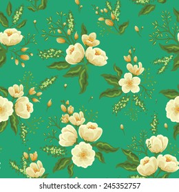 Patrón floral sin fisuras con flores blancas y hojas verdes.