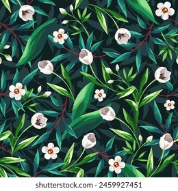 Nahtloses Blumenmuster mit weißen Blüten und grünen Blättern. Vektorgrafik-Print-Design. Handgezeichnete Illustration, keine KI