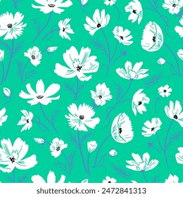 Floral seamless pattern. White flowers on the green background. Vector design for fashion, fabric, wallpaper, prints.
