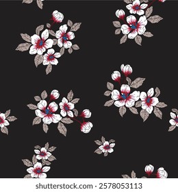 A floral seamless pattern with white flowers and brown leaves on a black background.