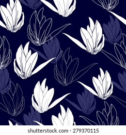 Floral seamless pattern with white flowers on a blue background. Hand drawn floral texture. Artwork for textiles, fabrics, souvenirs, packaging and greeting cards. Blossoming spring magnolia.
