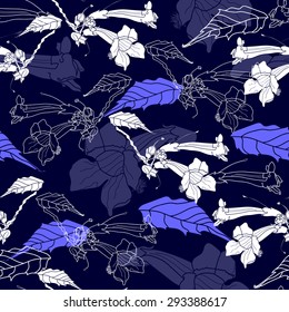 Floral seamless pattern with white flowers on a blue background. Hand drawn floral texture. Artwork for textiles, fabrics, souvenirs, packaging and greeting cards.