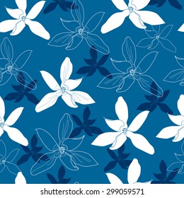 Floral seamless pattern with white flowers on a blue background. Hand drawn floral texture. Artwork for textiles, fabrics, souvenirs, packaging and greeting cards.