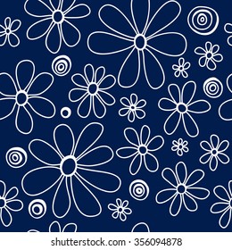 Floral seamless pattern. White flowers and circles on a blue background, hand drawn, vector. For the design and decoration background, wallpaper, packaging, fabrics, textiles.