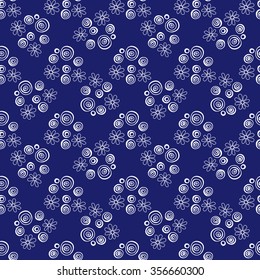 Floral seamless pattern. White flowers and circles on a blue background, hand drawn, vector. For the design and decoration background, wallpaper, packaging, fabrics, textiles.