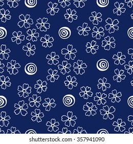 Floral seamless pattern. White flowers and circles on a blue background, hand drawn, vector. For the design and decoration background, wallpaper, packaging, fabrics, textiles.