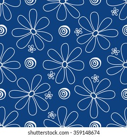 Floral seamless pattern. White flowers and circles on a blue background, hand drawn, vector. 