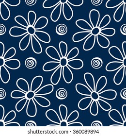 Floral seamless pattern. White flowers and circles on a blue background, hand drawn, vector. 