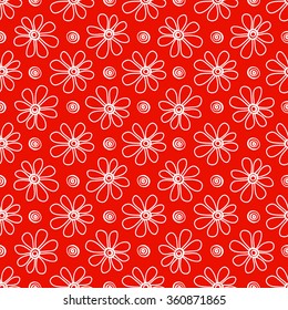 Floral seamless pattern. White flowers and circles on a orange background, hand drawn, vector. 