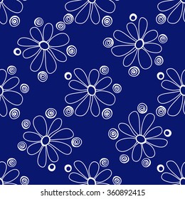 Floral seamless pattern. White flowers and circles on a blue background, hand drawn, vector. For the design and decoration background, wallpaper, packaging, fabrics, textiles.