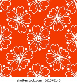 Floral seamless pattern. White flowers and circles on a orange background, hand drawn, vector. For the design and decoration background, wallpaper, packaging, fabrics, textiles.