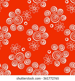 Floral seamless pattern. White flowers and circles on a orange background, hand drawn, vector. For the design and decoration background, wallpaper, packaging, fabrics, textiles.