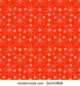 Floral seamless pattern. White flowers and circles on a orange background, hand drawn, vector. For the design and decoration background, wallpaper, packaging, fabrics, textiles.