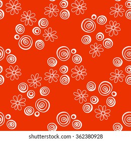 Floral seamless pattern. White flowers and circles on a orange background, hand drawn, vector. For the design and decoration background, wallpaper, packaging, fabrics, textiles.
