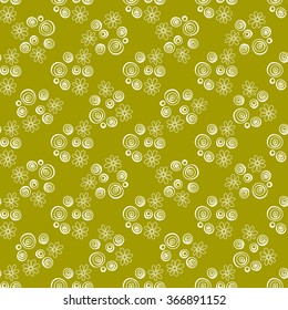 Floral seamless pattern. White flowers and circles on a green background, hand drawn, vector.