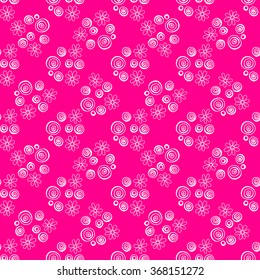 Floral seamless pattern. White flowers and circles on a pink background, hand drawn, vector. For the design and decoration background, wallpaper, packaging, fabrics, textiles.