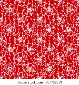 Floral seamless pattern. White flowers and circles on a red background, hand drawn, vector. For the design and decoration background, wallpaper, packaging, fabrics, textiles.