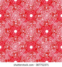 Floral seamless pattern. White flowers and circles on a red background, hand drawn, vector. For the design and decoration background, wallpaper, packaging, fabrics, textiles.