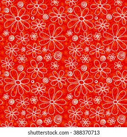 Floral seamless pattern. White flowers and circles on a red background, hand drawn, vector. For the design and decoration background, wallpaper, packaging, fabrics, textiles.