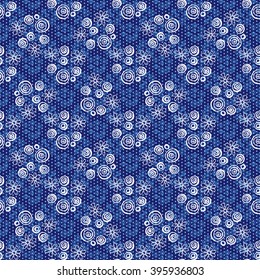 Floral seamless pattern. White flowers and circles on a blue background, hand drawn, vector. For the design and decoration background, wallpaper, packaging, fabrics, textiles.