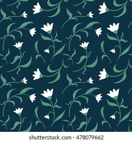 Floral seamless pattern with white flowers on a blue background. Vintage vector ornament.