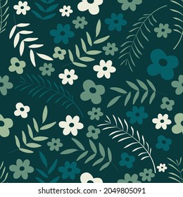 Floral seamless pattern in white, green, and blue background