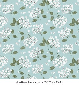 Floral Seamless Pattern with White Hydrangea Flowers on Light Blue Background. Elegant Botanical Texture with Blooming Blossoms and Green Leaves for Textile, Wallpaper and Greeting Cards