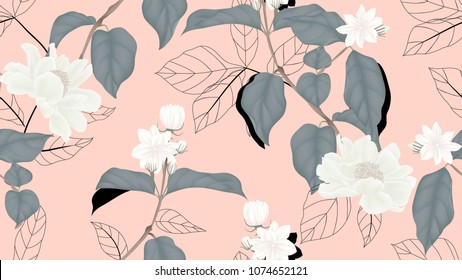 Floral seamless pattern, white jasmine flowers, paenia lactiflora flowers with black outline leaves on light red background