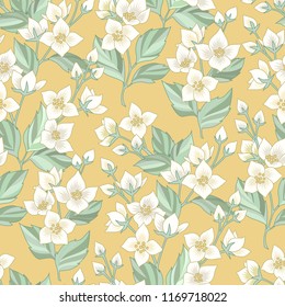 Floral seamless pattern with white jasmine on yellow background. Pattern at provence style  for textile, design and decoration
