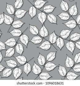 Floral seamless pattern with white leaves on a gray background, monochrome image, vector illustration, hand drawn elements