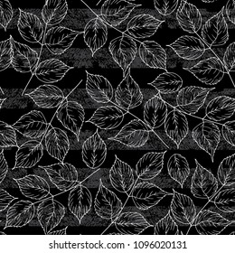 Floral seamless pattern with white leaves on a black background, monochrome image, vector illustration, hand drawn elements