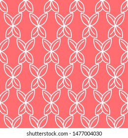 Floral seamless pattern with white leaves on coral background. Abstract vector illustration for fabric, textile, wallpaper, posters, card, wrapping paper. Doodle style.