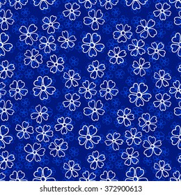 Floral seamless pattern. White and light blue flowers and circles on a dark blue background, hand drawn, vector. For the design and decoration background, wallpaper, packaging, fabrics, textiles.