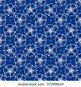 Floral seamless pattern. White and light blue flowers and circles on a dark blue background, hand drawn, vector. For the design and decoration background, wallpaper, packaging, fabrics, textiles.