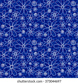 Floral seamless pattern. White and light blue flowers and circles on a dark blue background, hand drawn, vector. 