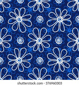 Floral seamless pattern. White and light blue flowers and circles on a dark blue background, hand drawn, vector. 