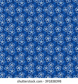 Floral seamless pattern. White and light blue flowers and circles on a dark blue background, hand drawn, vector. For the design and decoration background, wallpaper, packaging, fabrics, textiles.