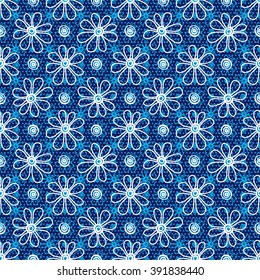 Floral seamless pattern. White and light blue flowers and circles on a dark blue background, hand drawn, vector. For the design and decoration background, wallpaper, packaging, fabrics, textiles.