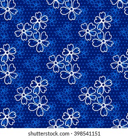 Floral seamless pattern. White and light blue flowers and circles on a dark blue background, hand drawn, vector. For the design and decoration background, wallpaper, packaging, fabrics, textiles.