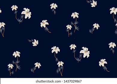 Floral seamless pattern with white lilies on dark background. Elegant vector print. Fashion pattern in vintage style. Retro modern design.