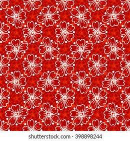 Floral seamless pattern. White and orange flowers and circles on a red background, hand drawn, vector. For the design and decoration background, wallpaper, packaging, fabrics, textiles.