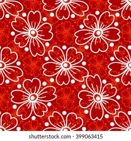 Floral seamless pattern. White and orange flowers and circles on a red background, hand drawn, vector. For the design and decoration background, wallpaper, packaging, fabrics, textiles.