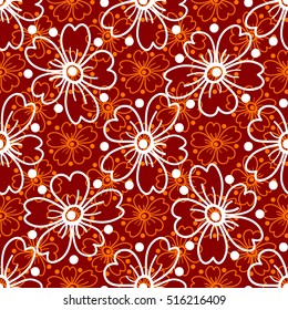 Floral seamless pattern. White and orange flowers and circles on a red background, hand drawn, vector.