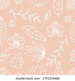 Floral seamless pattern. White outline tropical flowers and leaves on pink background. Vector orchid, monstera leaf, lotus and spathiphyllum.