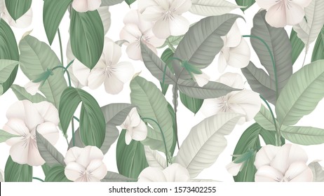 Floral seamless pattern, white pansy flowers with various green leaves on white