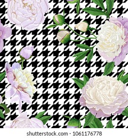 Floral Seamless Pattern with White Peonies. Spring Blooming Flowers Background for Fabric, Prints, Wedding Decoration, Invitation, Wallpapers, Wrapping Paper. Vector illustration