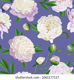 Floral Seamless Pattern with White Peonies. Spring Blooming Flowers Background for Fabric, Prints, Wedding Decoration, Invitation, Wallpapers, Wrapping Paper. Vector illustration